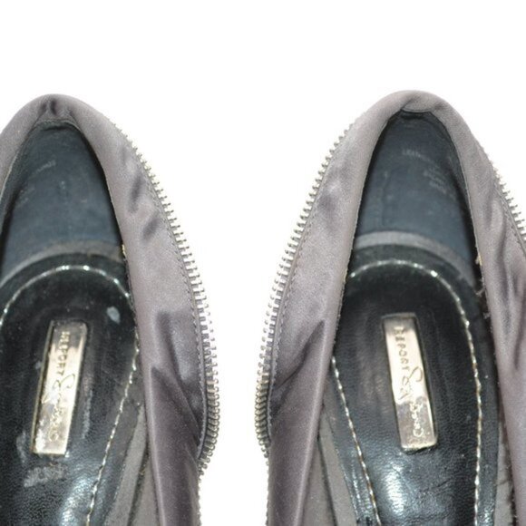 Report Gray Satin Leather & Zipper Ruffle Platform Modern Mod Stilettoes Heels 7 - Picture 10 of 12
